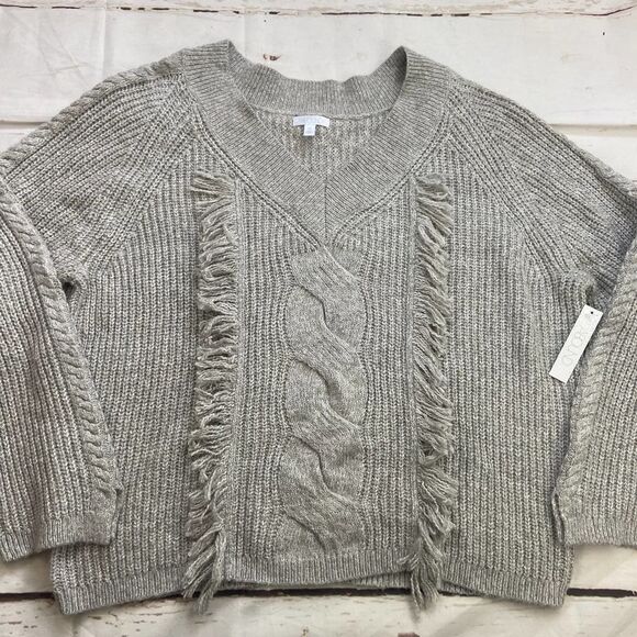 Abound Gray V Neck Fringe Cable tight Knit long sleeve Sweater womens XXL NWT - Picture 2 of 6